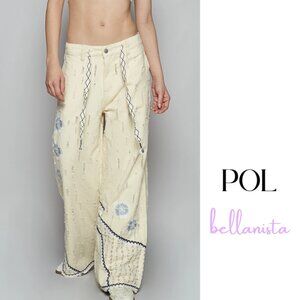 P24 POL Cream Floral Embroidered Relaxed Fit Denim Pants